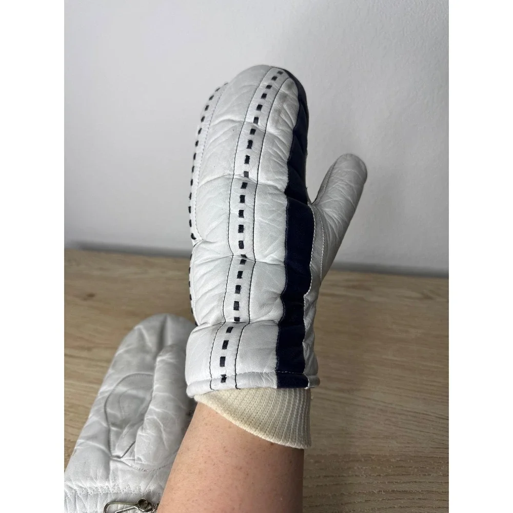 Vintage Aris Leather Ski Mittens Womens Medium White‎ Navy Blue Softan Japan